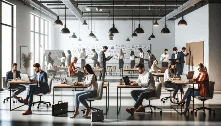 Espacio de coworking moderno con emprendedores trabajando juntos en laptops y pizarras.