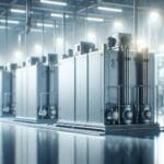 Primer plano de baterías industriales en una instalación de energía renovable, fondo minimalista y tecnológico.