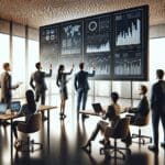 Equipo emprendedor reunido en un espacio moderno, revisando gráficos tecnológicos en pantallas.