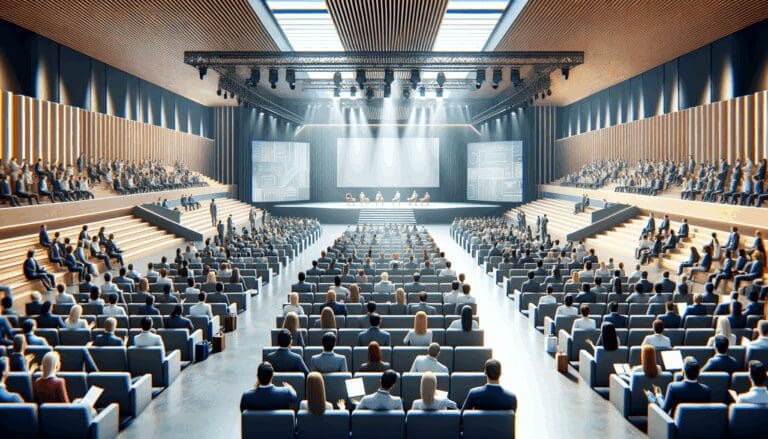 Auditorio lleno de emprendedores en un moderno centro de convenciones, escenario de fondo y ambiente colaborativo.