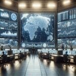 Ilustración digital de una sala de operaciones fintech con pantallas de datos globales y gráficos financieros.