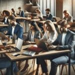 Grupo de emprendedores trabajando en laptops en un espacio de coworking moderno con ambiente vibrante y tecnológico.