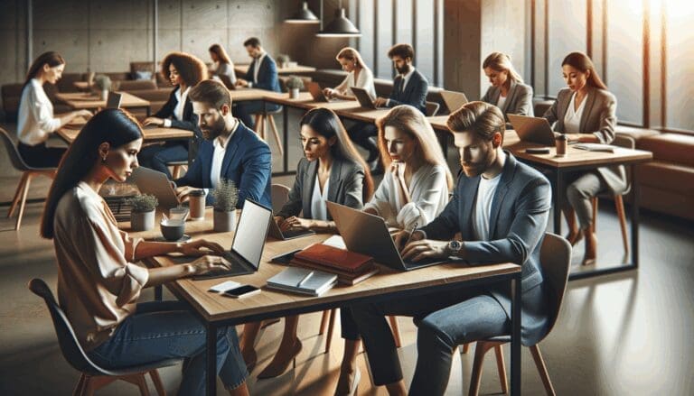 Grupo de emprendedores trabajando en laptops en un espacio de coworking moderno con ambiente vibrante y tecnológico.
