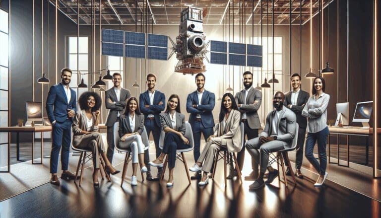 Emprendedores reunidos en un moderno centro de innovación rodeado de elementos tecnológicos y maquetas de satélites.