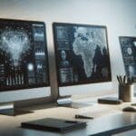 Primer plano de una sala moderna de trabajo con computadoras y pantallas mostrando algoritmos de inteligencia artificial.