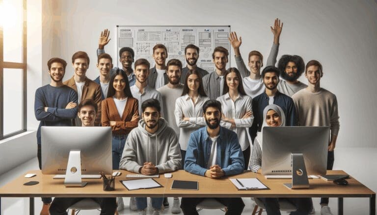 Grupo de jóvenes ingenieros trabajando en una oficina moderna con pizarras y computadoras.
