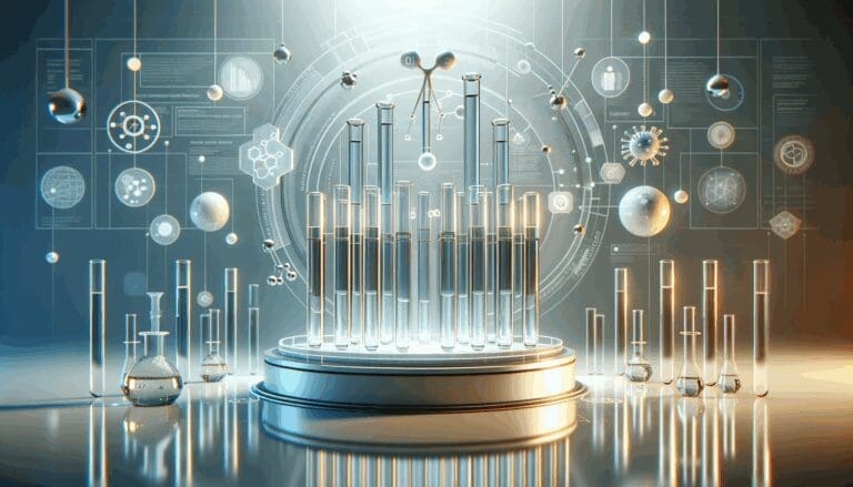 Primer plano conceptual de un laboratorio moderno con tubos de ensayo y luces futuristas.