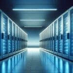 Servidores de alta gama alineados en un centro de datos moderno, iluminados en tonos azules.
