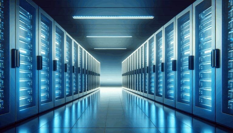 Servidores de alta gama alineados en un centro de datos moderno, iluminados en tonos azules.