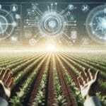 Plano detalle de campo agrícola con tecnología avanzada y sensores digitales instalados