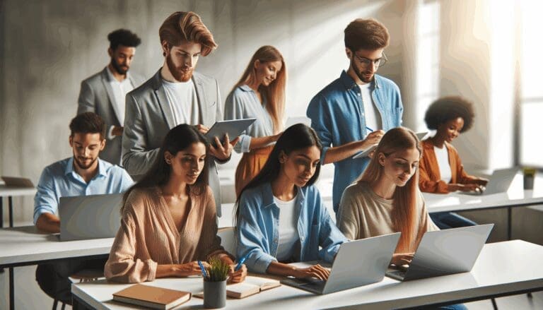 Grupo diverso de jóvenes colaborando en una oficina moderna con laptops y pizarras.