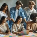 Grupo diverso de jóvenes colaboradores en un espacio moderno y luminoso, trabajando juntos alrededor de portátiles con notas adhesivas coloridas.