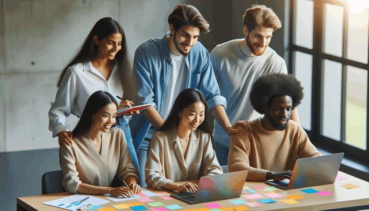 Grupo diverso de jóvenes colaboradores en un espacio moderno y luminoso, trabajando juntos alrededor de portátiles con notas adhesivas coloridas.