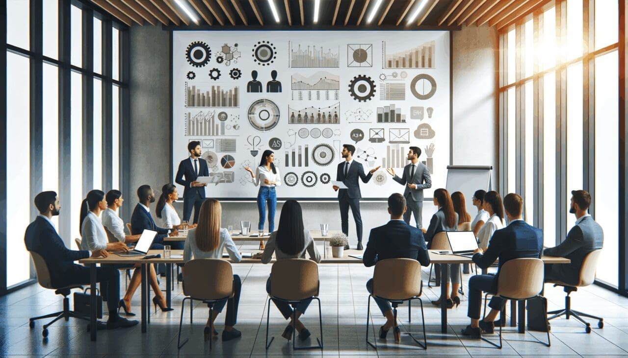 Emprendedores latinoamericanos presentando ideas en una sala de reuniones luminosa con pantallas y portátiles.