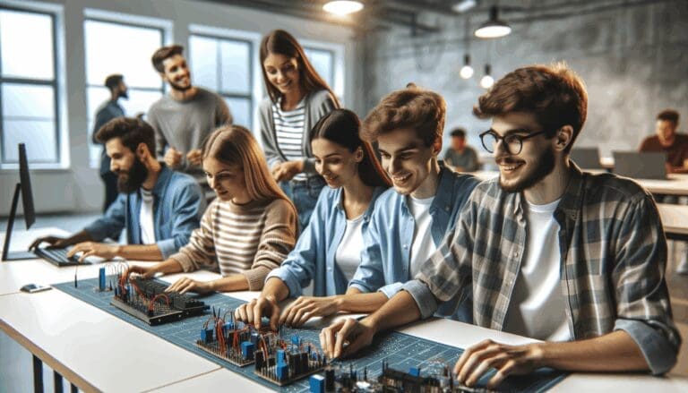 Grupo de jóvenes aprendiendo habilidades técnicas en un moderno taller tecnológico, con ambiente colaborativo.
