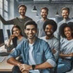 Retrato de jóvenes emprendedores trabajando en una oficina tecnológica con dispositivos modernos y pantallas.