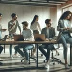 Oficina moderna de startup, jóvenes profesionales trabajando en equipo alrededor de computadoras portátiles.