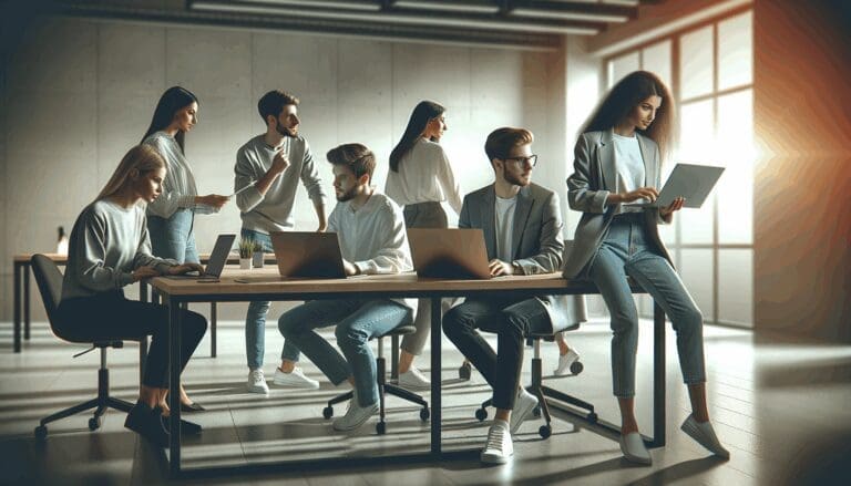 Oficina moderna de startup, jóvenes profesionales trabajando en equipo alrededor de computadoras portátiles.