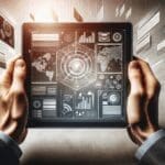 Ilustración de manos usando una tablet con gráficos digitales y documentos flotando, ambiente tecnológico moderno.