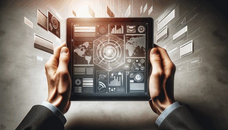 Ilustración de manos usando una tablet con gráficos digitales y documentos flotando, ambiente tecnológico moderno.