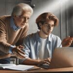 Joven junto a adulto trabajando juntos en una laptop en un ambiente moderno de coworking.