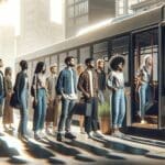 Grupo de personas jóvenes subiendo a un autobús moderno en un entorno urbano, iluminados por luz natural.