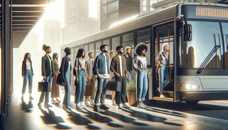 Grupo de personas jóvenes subiendo a un autobús moderno en un entorno urbano, iluminados por luz natural.