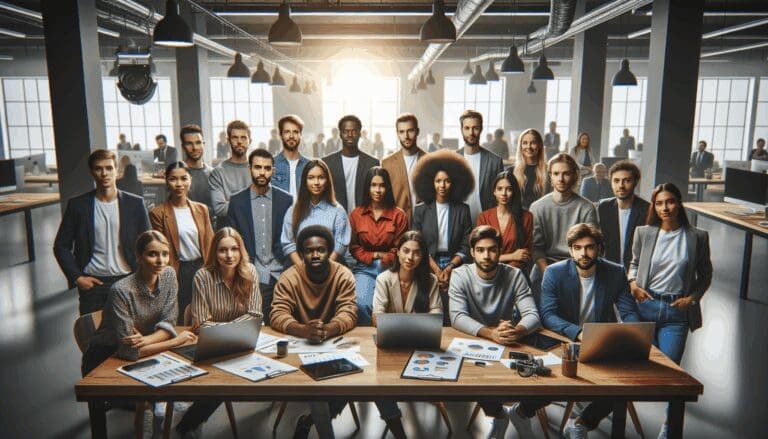 Grupo diverso de jóvenes emprendedores reunidos en un espacio de coworking moderno, rodeados de tecnología.