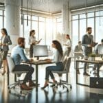 Oficinas modernas con empleados colaborando alrededor de mesas y computadoras en un ambiente tecnológico latinoamericano.