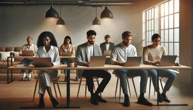 Grupo diverso de emprendedores trabajando en laptops dentro de un moderno espacio de coworking con luz natural.