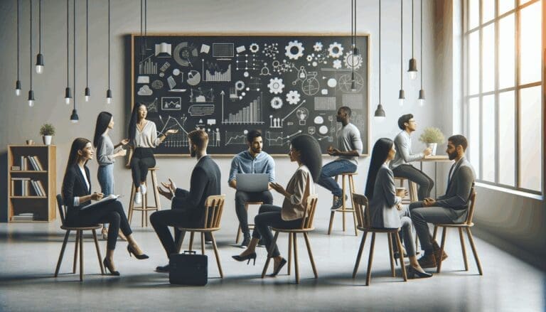 Personas jóvenes dialogando frente a pizarras con esquemas y laptops, en un entorno moderno y luminoso.