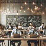 Oficina moderna con jóvenes emprendedores trabajando en laptops y pizarras llenas de ideas.