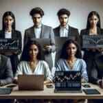 Equipo diverso de jóvenes emprendedores trabajando en laptops sobre una mesa moderna, con gráficos de criptomonedas en pantalla.