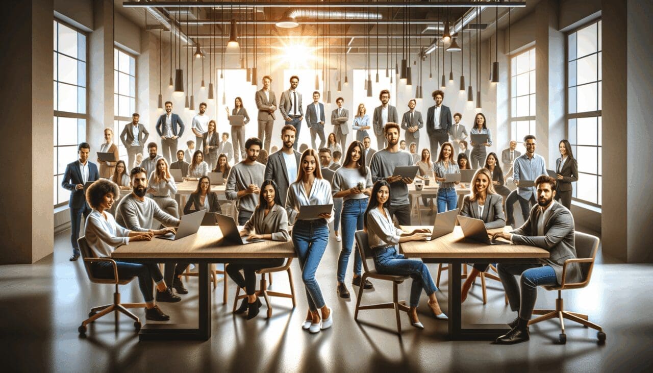 Grupo diverso de emprendedores reunidos en un moderno espacio de coworking, laptops sobre mesas, ambiente dinámico y colaborativo.