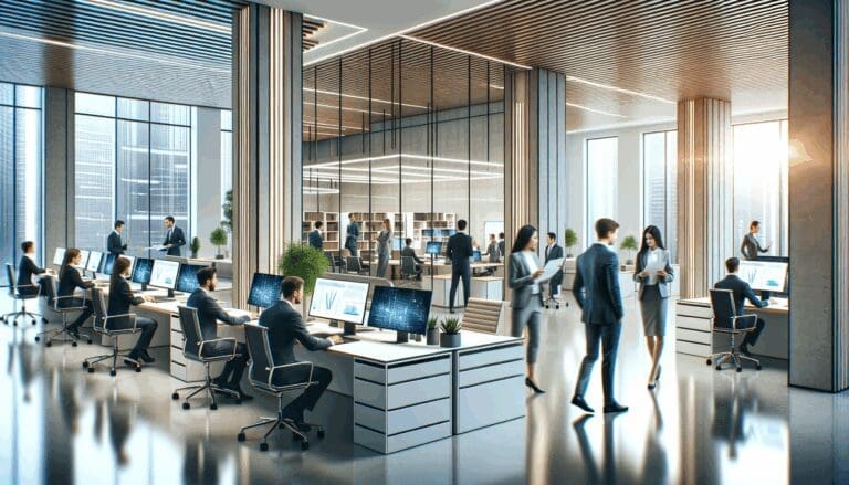 Oficinas modernas con equipo de trabajo colaborando en un entorno tecnológico.