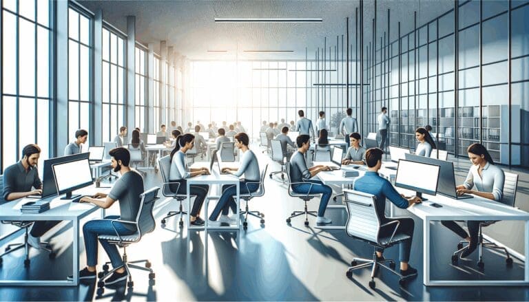 Oficinas modernas con equipos de jóvenes desarrolladores trabajando en laptops, ambiente tecnológico y luminoso.