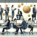 Ilustración de emprendedores trabajando con computadoras y monedas digitales flotando en un espacio moderno.