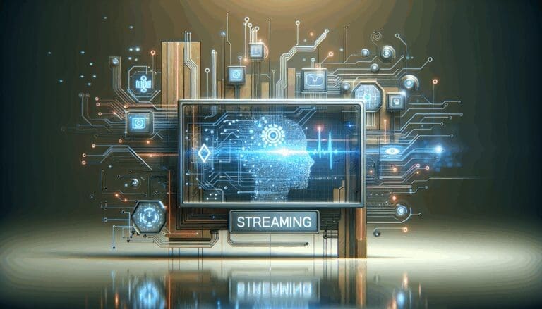 Ilustración digital de una pantalla de streaming con elementos de inteligencia artificial y circuitos; ambiente moderno y minimalista.