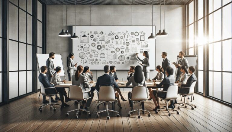 Equipo diverso colaborando en una sala de juntas moderna con pizarras llenas de ideas.