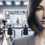 Primer plano de un avatar digital femenino en un estudio moderno, con fondo neutro y aspecto tecnológico.