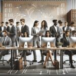 Equipo de jóvenes profesionales colaborando frente a computadoras en una oficina moderna, con fondo de contenedores y mapas de rutas.