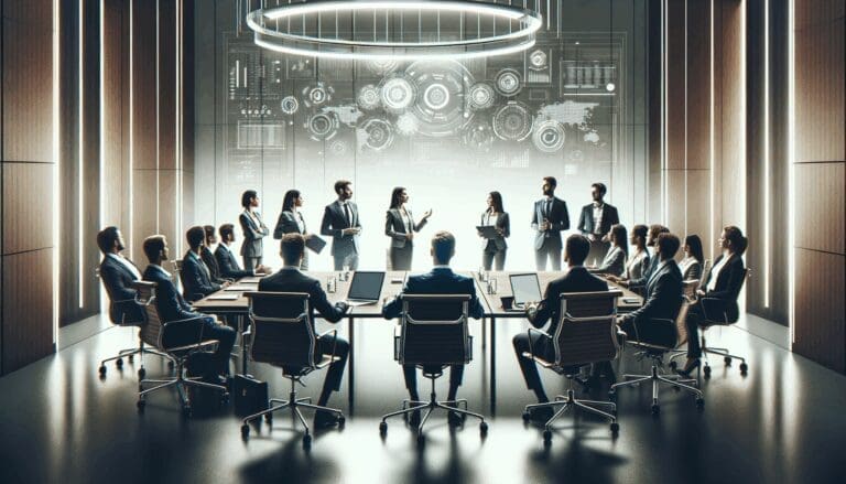 Reunión de emprendedores en una sala de conferencias moderna con enfoque en tecnología