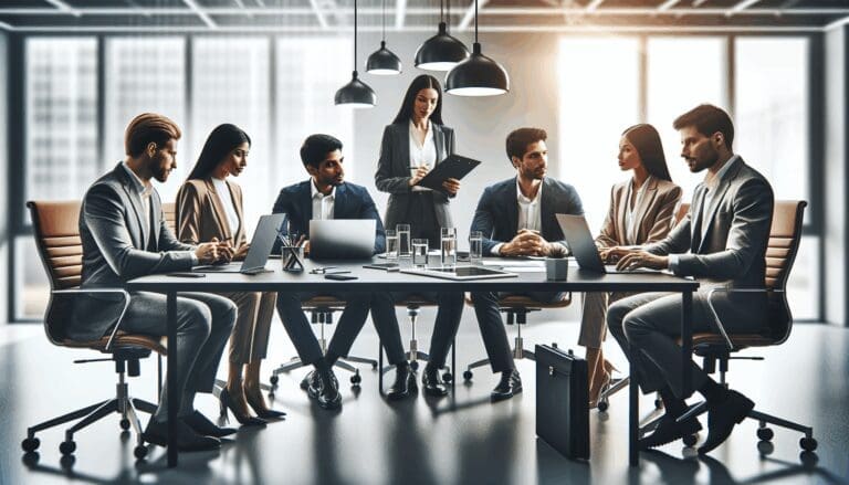 Reunión de emprendedores y ejecutivos en una oficina moderna con laptops y notas, ambiente colaborativo tecnológico.