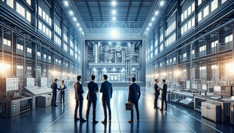 Interior iluminado de una moderna planta industrial con maquinaria tecnológica y emprendedores conversando.