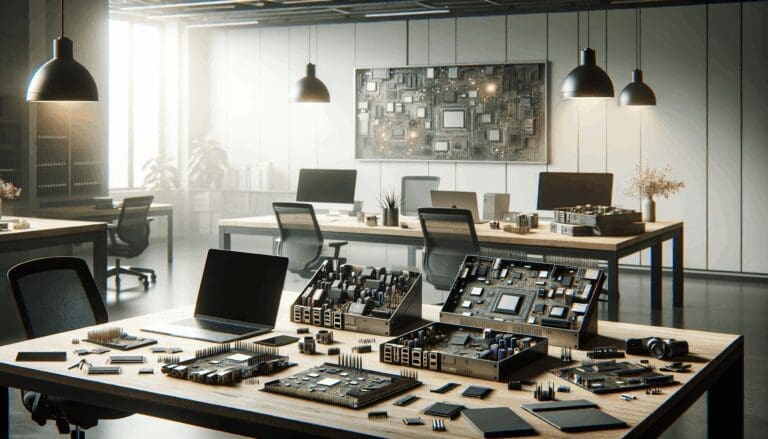 Plano medio de una mesa de trabajo con placas de circuitos y laptops en un ambiente moderno de oficina