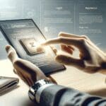 Primer plano de manos usando una aplicación de billetera digital en un entorno moderno y luminoso.