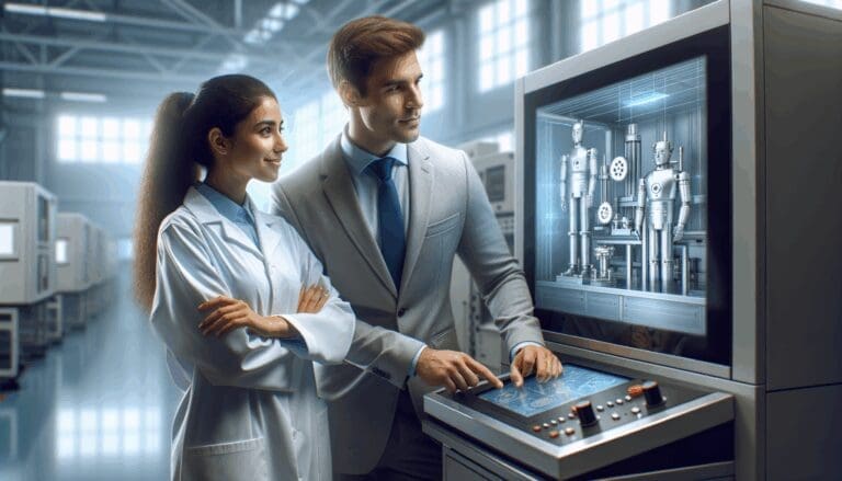 Dos ingenieros observando maquinaria avanzada en un laboratorio tecnológico moderno.