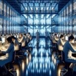 Primer plano de un laboratorio de computación cuántica iluminado, con científicos trabajando y equipos de alta tecnología al fondo.