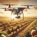 Primer plano de un dron sobrevolando un huerto frutal con sensores y cámaras avanzadas, al atardecer, estilo tecnológico y natural.