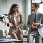 Dos emprendedores discutiendo tecnología con un dron en primer plano.